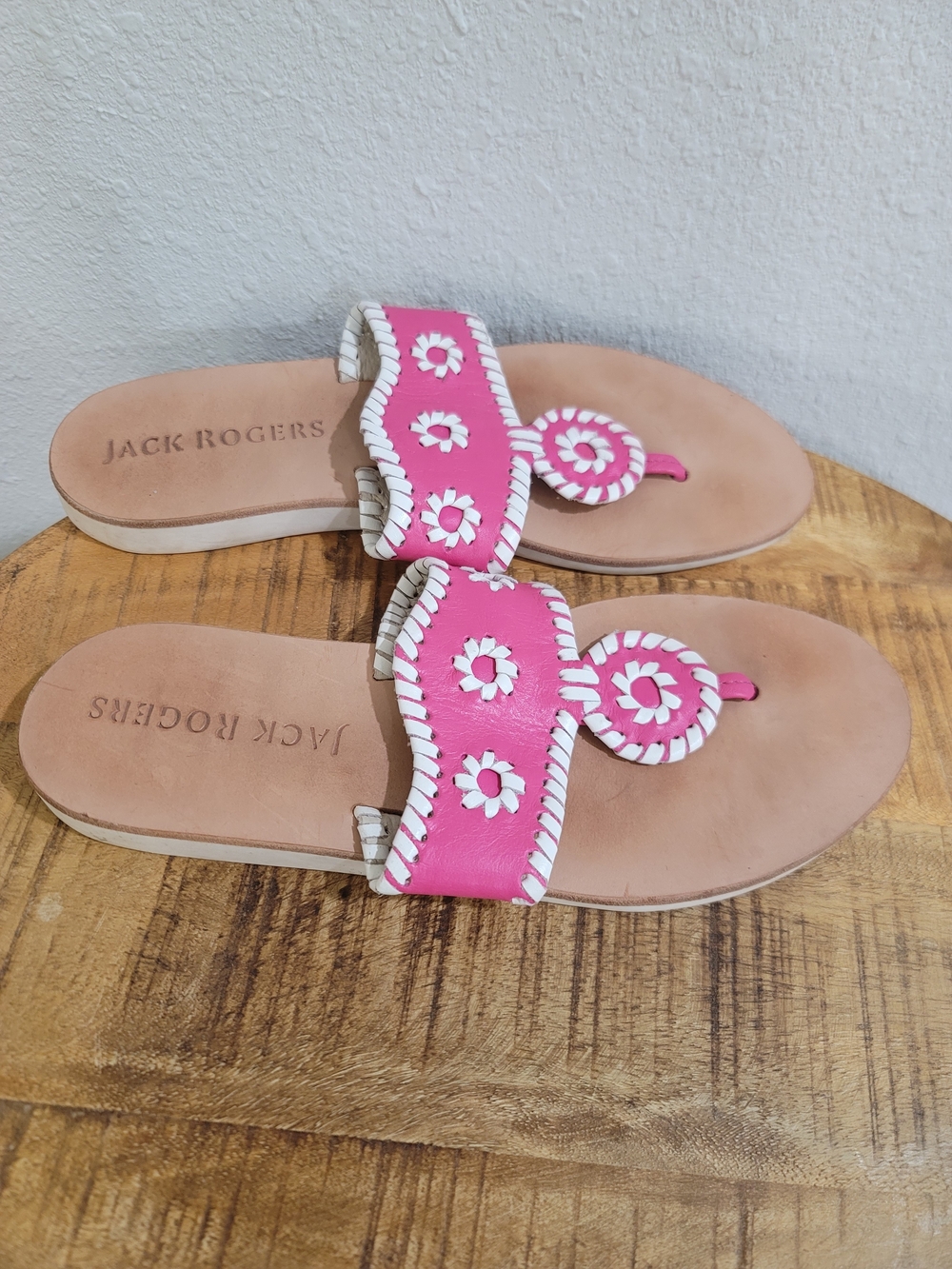 Jack Rogers Pink Leather Slide Sandals with White Trim